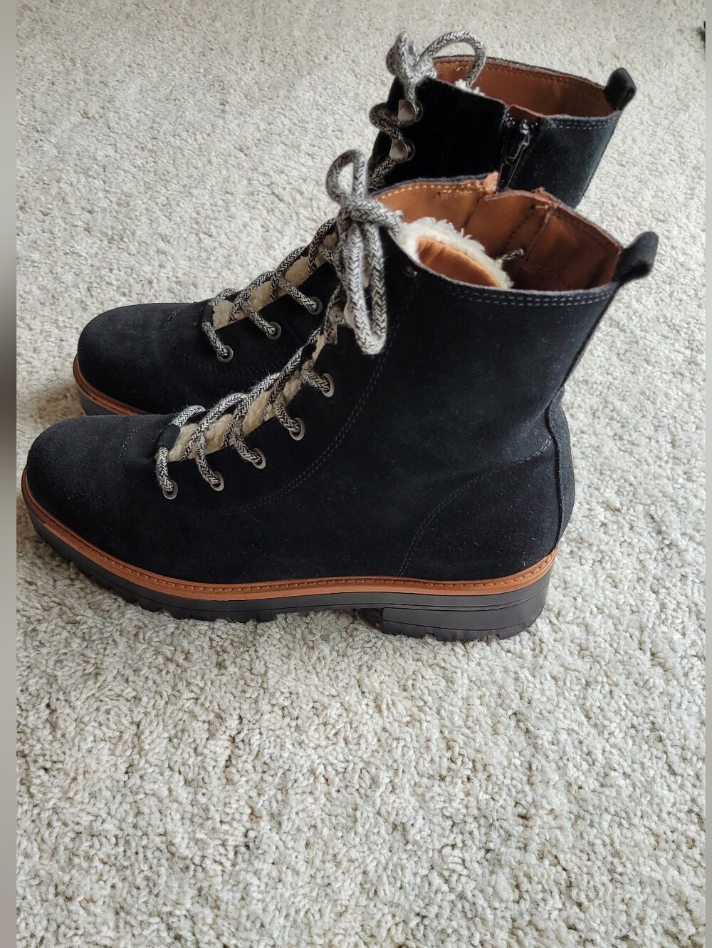 Hiking Style Black Suede Lace up Boots With Sde Zip by Marc Fisher     7 1/2